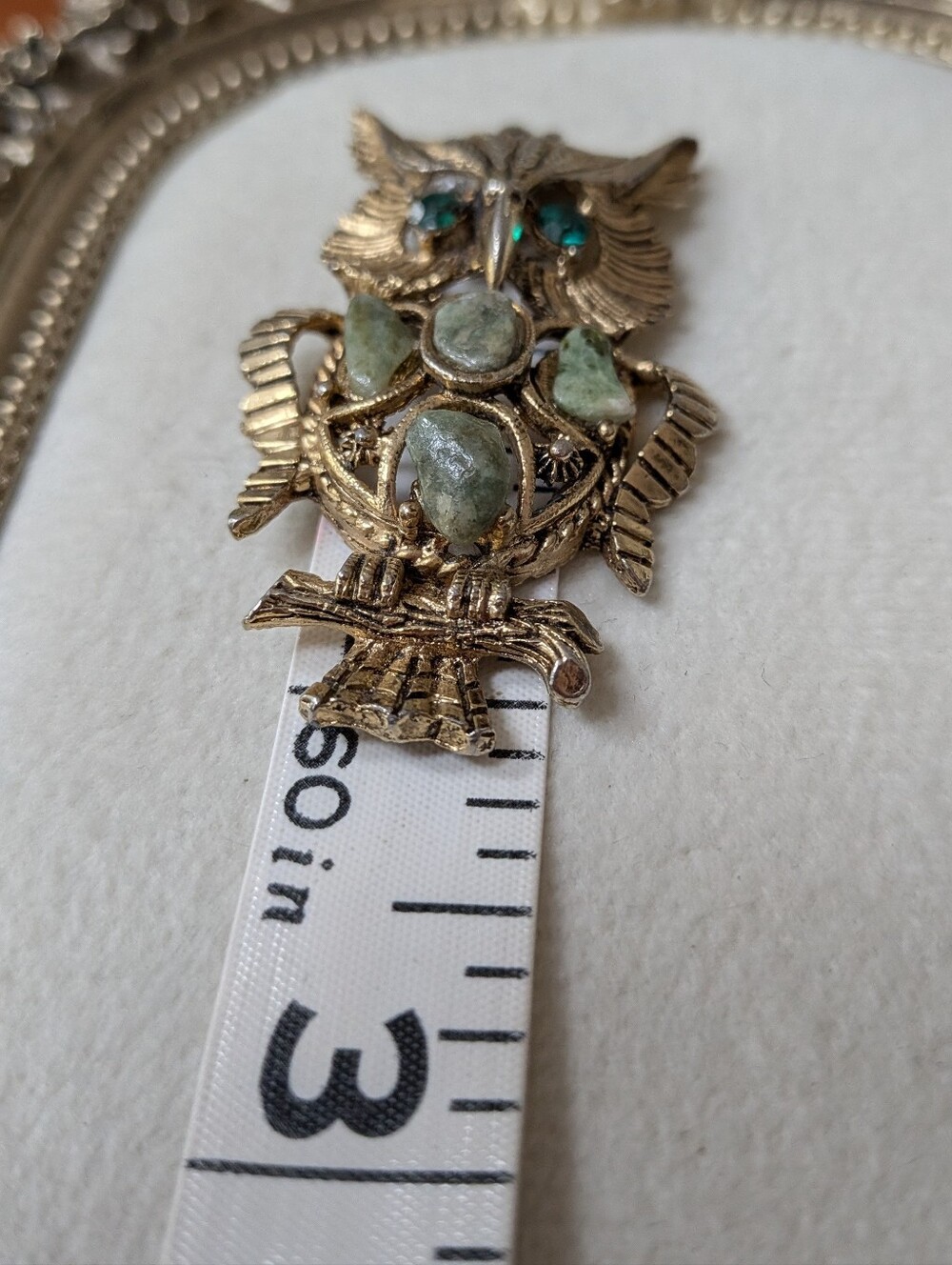 Vintage Gold Tone Owl Pendant with Green Rhinestone Eyes & Aventurine Stones - Picture 5 of 5